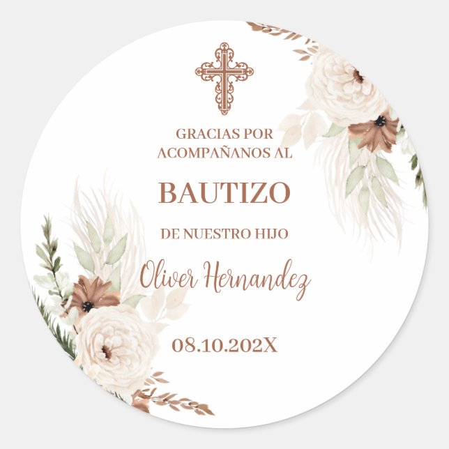 Pegatina Redonda Boho Bautismo Invitación española (Anverso)