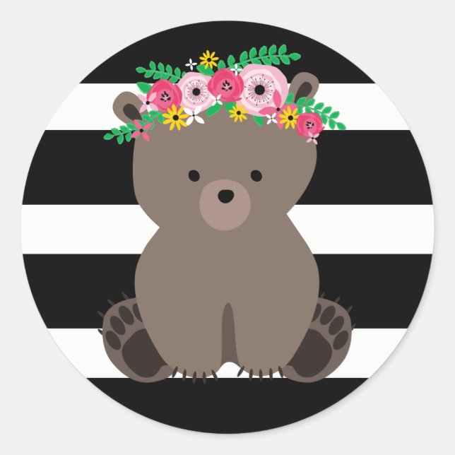 Pegatina Redonda Boho Bear Black + White Strike Baby Shower (Anverso)
