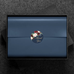 Pegatina Redonda Boho Blooms   Azul marino oscuro y rojo Gracias