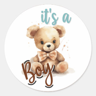 Pegatina Redonda Boho Blue Bear Baby Shower