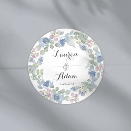 Pegatina Redonda Boho Blue Floral & Eucalyptus Wreath Wedding