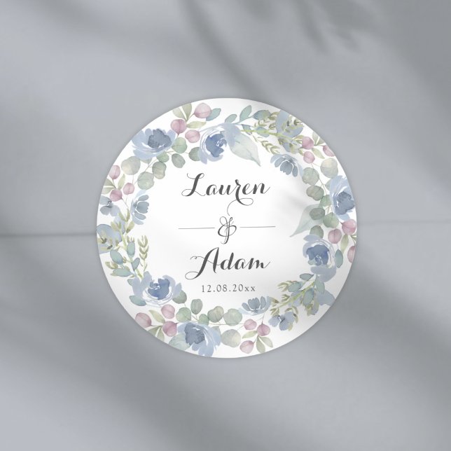 Pegatina Redonda Boho Blue Floral & Eucalyptus Wreath Wedding (Subido por el creador)