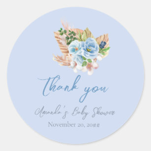 Pegatina Redonda Boho Blue Pampass Grass Floral Oh Boy Baby Shower
