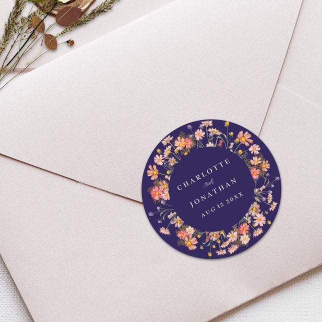 Pegatina Redonda Boho Boda azul de la Marina Floral de Flores Silve (Boho fall wildflower floral navy blue and white wedding sticker burnt orange Watercolor flowers)