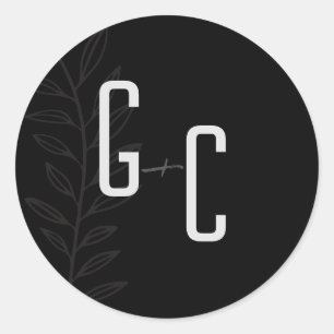 Pegatina Redonda Boho Boda botánico blanco y negro Cla