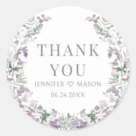 Pegatina Redonda Boho boda de flores moradas de flores gracias