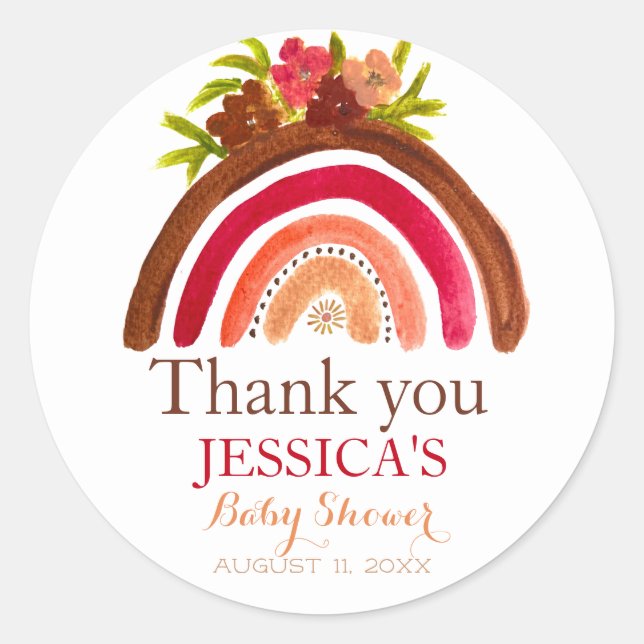 Pegatina Redonda Boho bohemio arco iris Baby Shower Earthy Cute (Anverso)