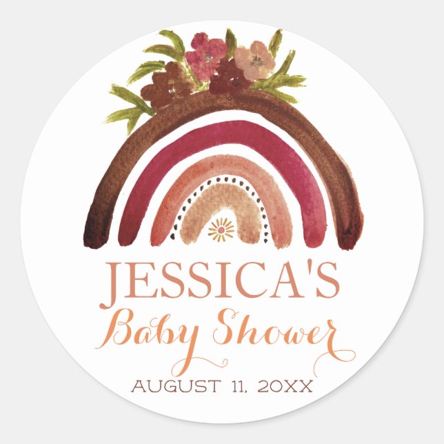 Pegatina Redonda Boho bohemio arco iris Baby Shower Earthy Cute (Anverso)