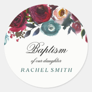 Pegatina Redonda Boho Bordo Burgundy Flores Rojas Bebé Baptismo