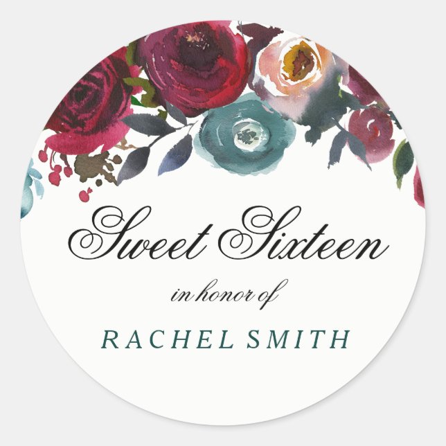 Pegatina Redonda Boho Bordo Burgundy Flores Rojas Dulce 16 (Anverso)