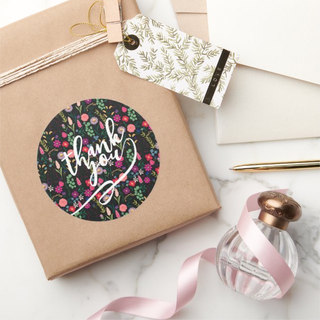 Pegatina Redonda Boho Botanical Watercolor Flowers Black (Regalar)