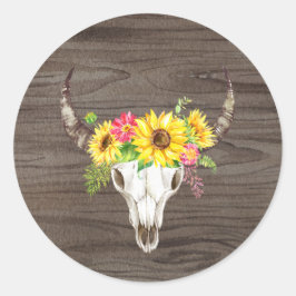 Pegatina Redonda Boho Bull Skull Dark Wood