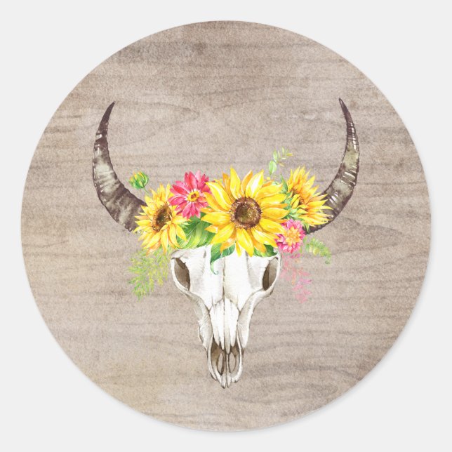 Pegatina Redonda Boho Bull Skull Light Wood (Anverso)
