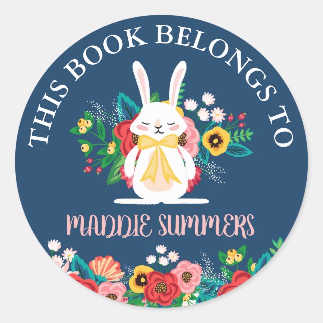 Pegatina Redonda Boho Bunny | Floral Este Libro Pertenece A (Anverso)
