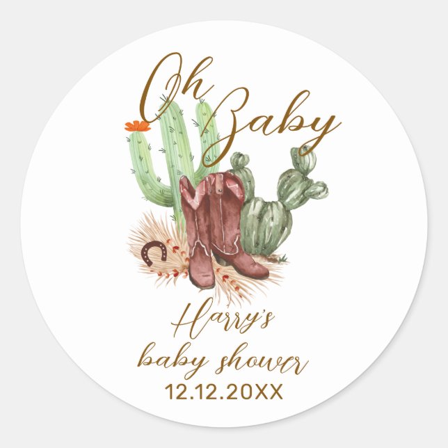 Pegatina Redonda Boho Cactus Cowboy moderno zapata Baby Shower (Anverso)