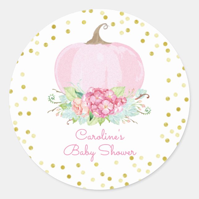 Pegatina Redonda Boho Calabaza Rosa Dote de oro Bebé Chica Ducha (Anverso)