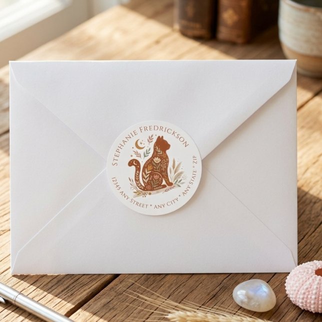 Pegatina Redonda Boho Cat Lover New Home Floral Celestial Art (Boho cat lover return address label)