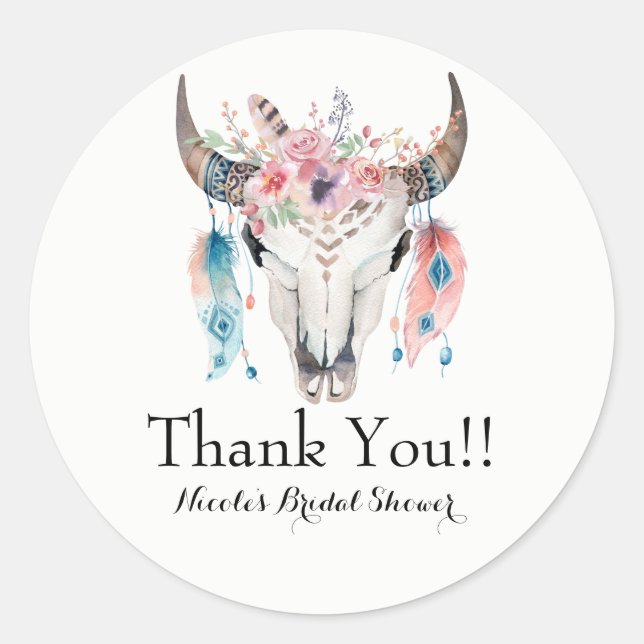 Pegatina Redonda Boho Chic Bohemiand Feathers y Fiesta de Cráneo de (Anverso)