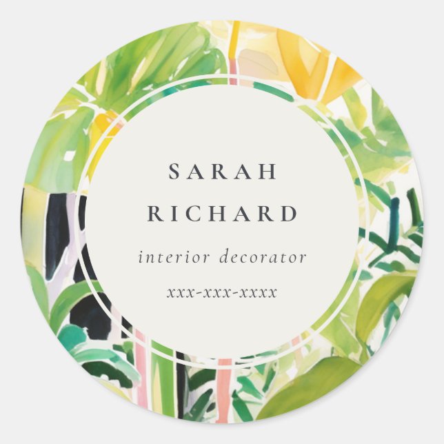 Pegatina Redonda Boho Chic Green Tropical Leafy Foliage Botanical (Anverso)