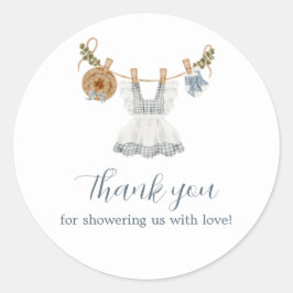 Pegatina Redonda Boho Clothesline color de agua azul y blanco Chica