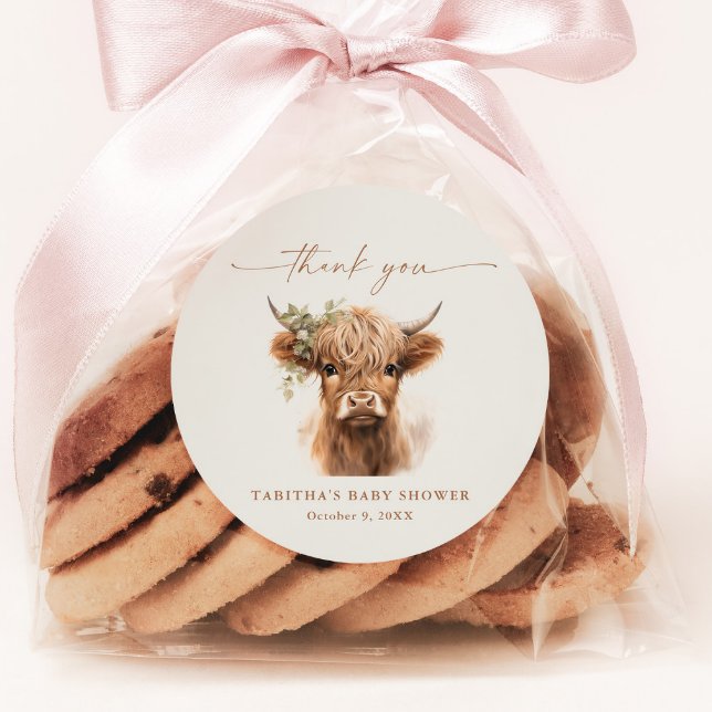Pegatina Redonda Boho Cow Parejas Baby Shower Gracias (Highland Cow Script Baby Shower Thank You Favor or Envelope Sticker Tag.)