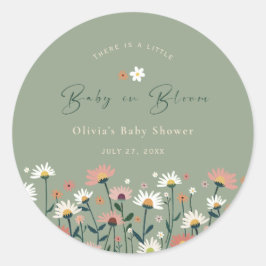 Pegatina Redonda Boho Daisy Floral Sage Green Baby en una ducha de 