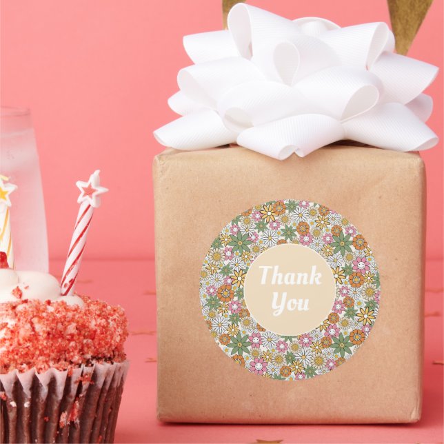 Pegatina Redonda Boho Daisy Flores Groovy Floral 70 (Fiesta)