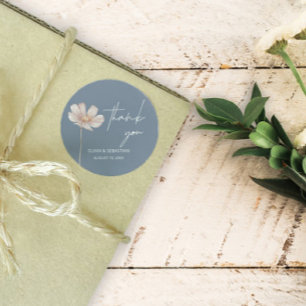 Pegatina Redonda Boho de Flor Silvestre Simple   Dusty Blue Gracias