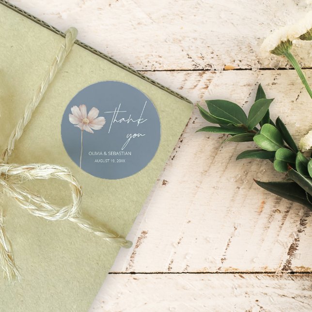 Pegatina Redonda Boho de Flor Silvestre Simple | Dusty Blue Gracias (Subido por el creador)