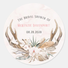 Pegatina Redonda Boho Deer Antlers y Florines Bridal Shower