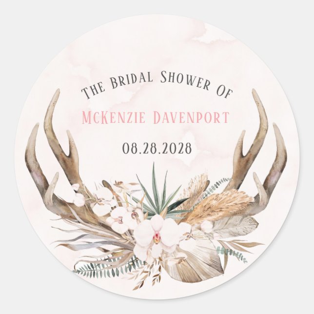 Pegatina Redonda Boho Deer Antlers y Florines Bridal Shower (Anverso)