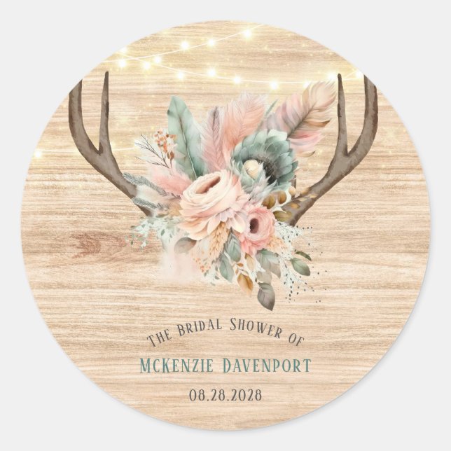 Pegatina Redonda Boho Deer Antlers y Florood Bridal Shower (Anverso)