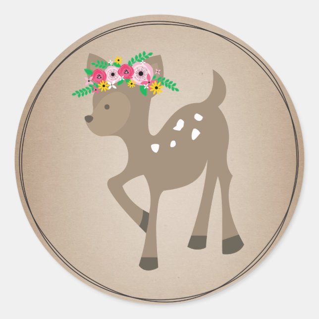 Pegatina Redonda Boho Deer Cardstock inspira ducha para bebés (Anverso)