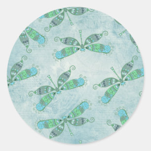 Pegatina Redonda Boho Dragonflies en azul