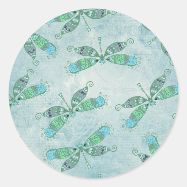 Pegatina Redonda Boho Dragonflies en azul (Anverso)