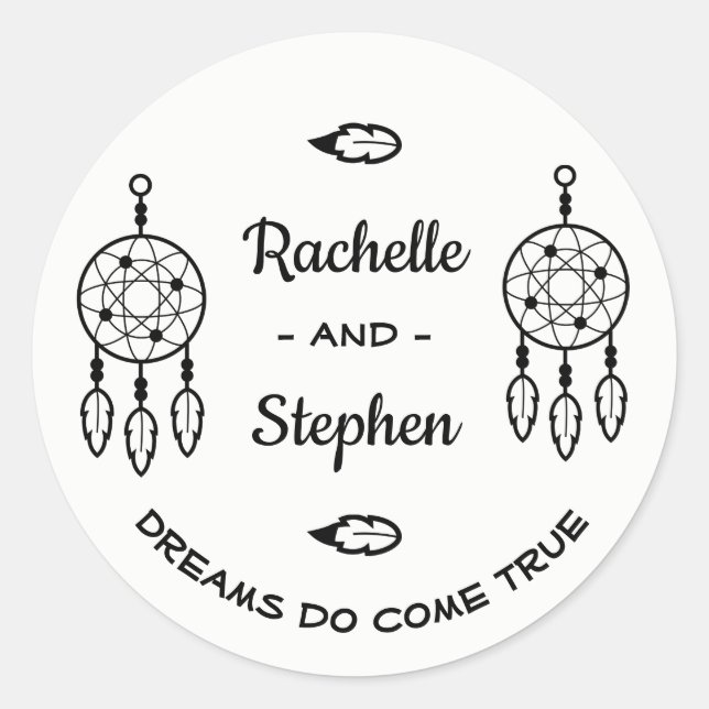 Pegatina Redonda Boho Dream Catcher Boda Engagement Black White (Anverso)