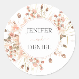 Pegatina Redonda Boho Dried Watercolor Floral Boda