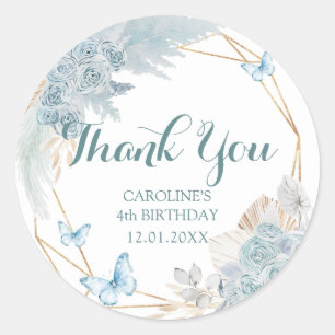 Pegatina Redonda Boho Dusty Blue Butterfly Cumpleaños Gracias