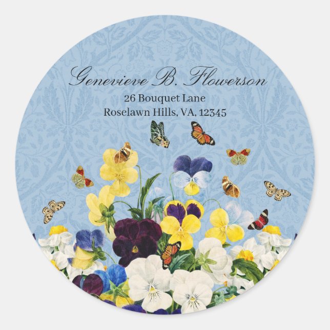 Pegatina Redonda Boho Elegant Spring Pansies Daffodils Butterflies (Anverso)