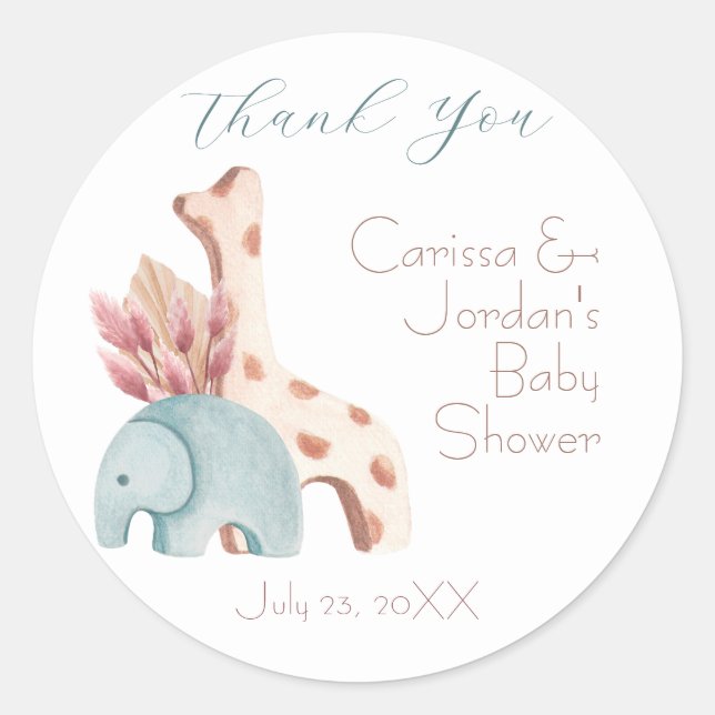 Pegatina Redonda Boho Elephant Giraffe Toy Gracias Baby Shower (Anverso)
