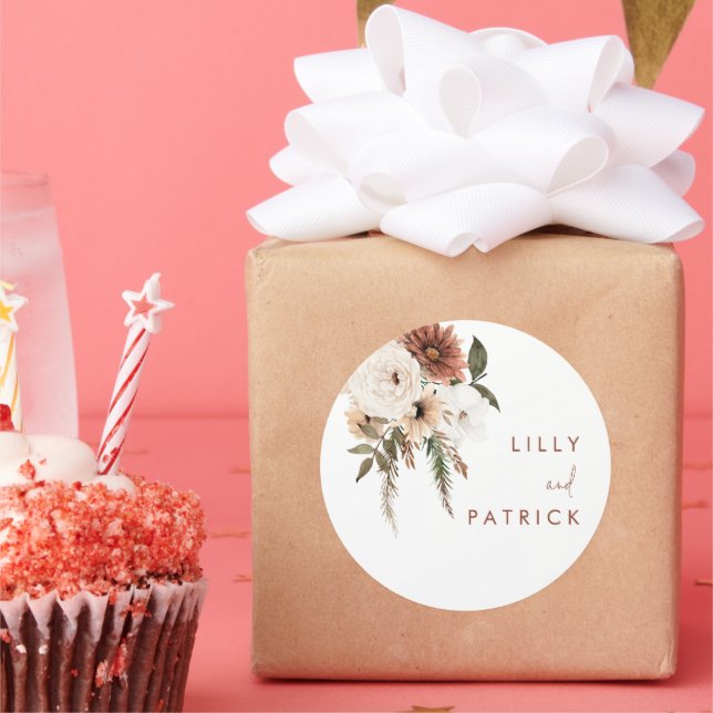 Pegatina Redonda Boho Fall Floral Terracotta Boda (Fiesta)