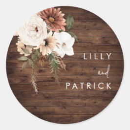 Pegatina Redonda Boho Fall Floral Terracotta Boda Rustic Wood