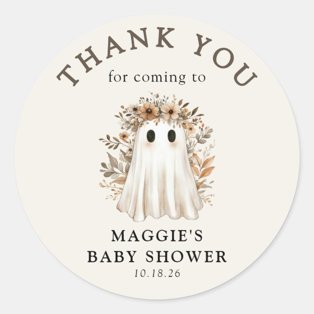Pegatina Redonda Boho Fall Ghost Baby Shower Gracias (Anverso)