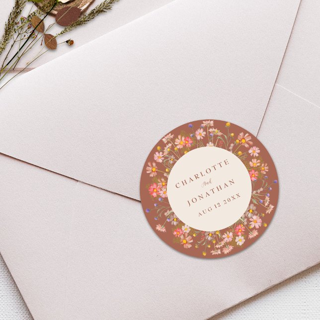 Pegatina Redonda Boho Fall Rustic Wildflower Floral Boda (Boho fall rustic wildflower floral burnt Orange terracotta beige custom wedding stickers)