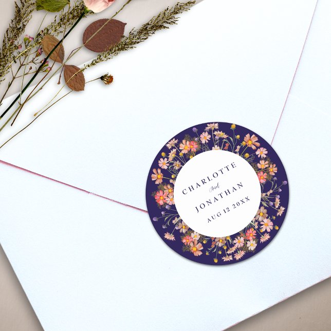 Pegatina Redonda Boho Fall Rustic Wildflower Floral Boda (Boho fall wildflower floral navy blue terracotta burnt orange wedding personalized sticker)