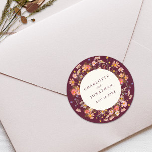 Pegatina Redonda Boho Fall Rustic Wildflower Floral Boda