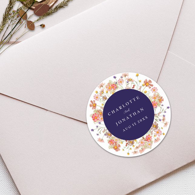 Pegatina Redonda Boho Fall Wildflower Boda azul de la Marina Floral (Boho fall rustic wildflower floral navy blue and white wedding sticker Watercolor florals)