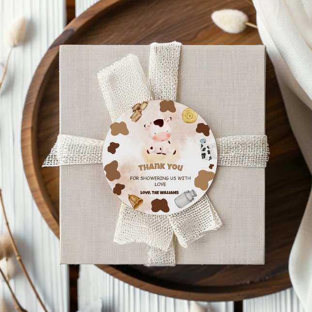 Pegatina Redonda Boho Farm Cow Baby Shower Gracias (Subido por el creador)