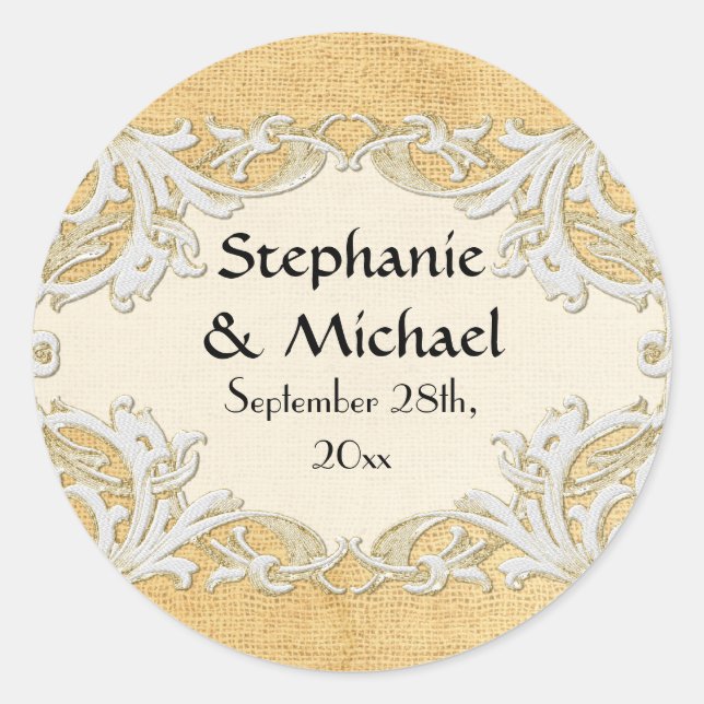 Pegatina Redonda BOHO Faux Burlap n Lace gitano estilo moderno (Anverso)