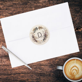 Pegatina Redonda Boho Feather Wreath Monograma